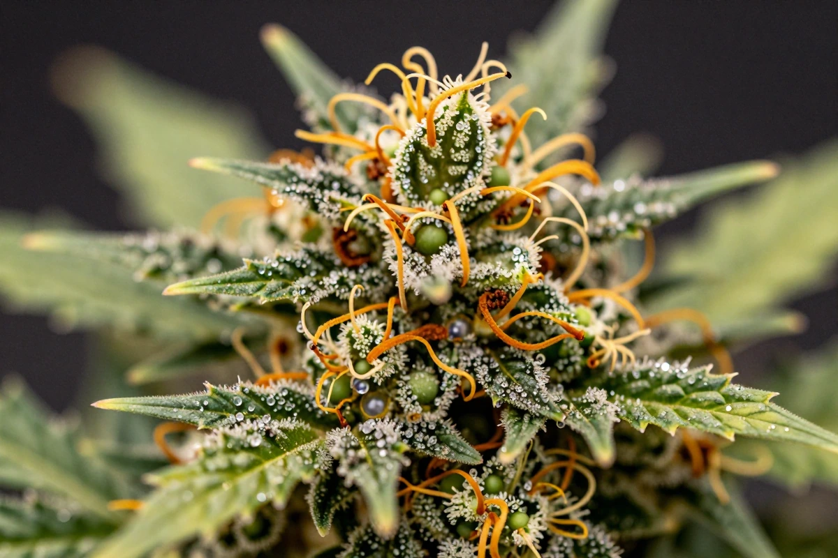 Close view of cannabis trichomes used to explain live resin and live rosin labels